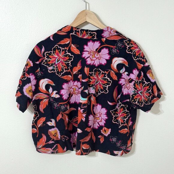 Laundry by Shelli Segal Linen Black Floral Button Down Cropped Shirt Tropical - Picture 4 of 8